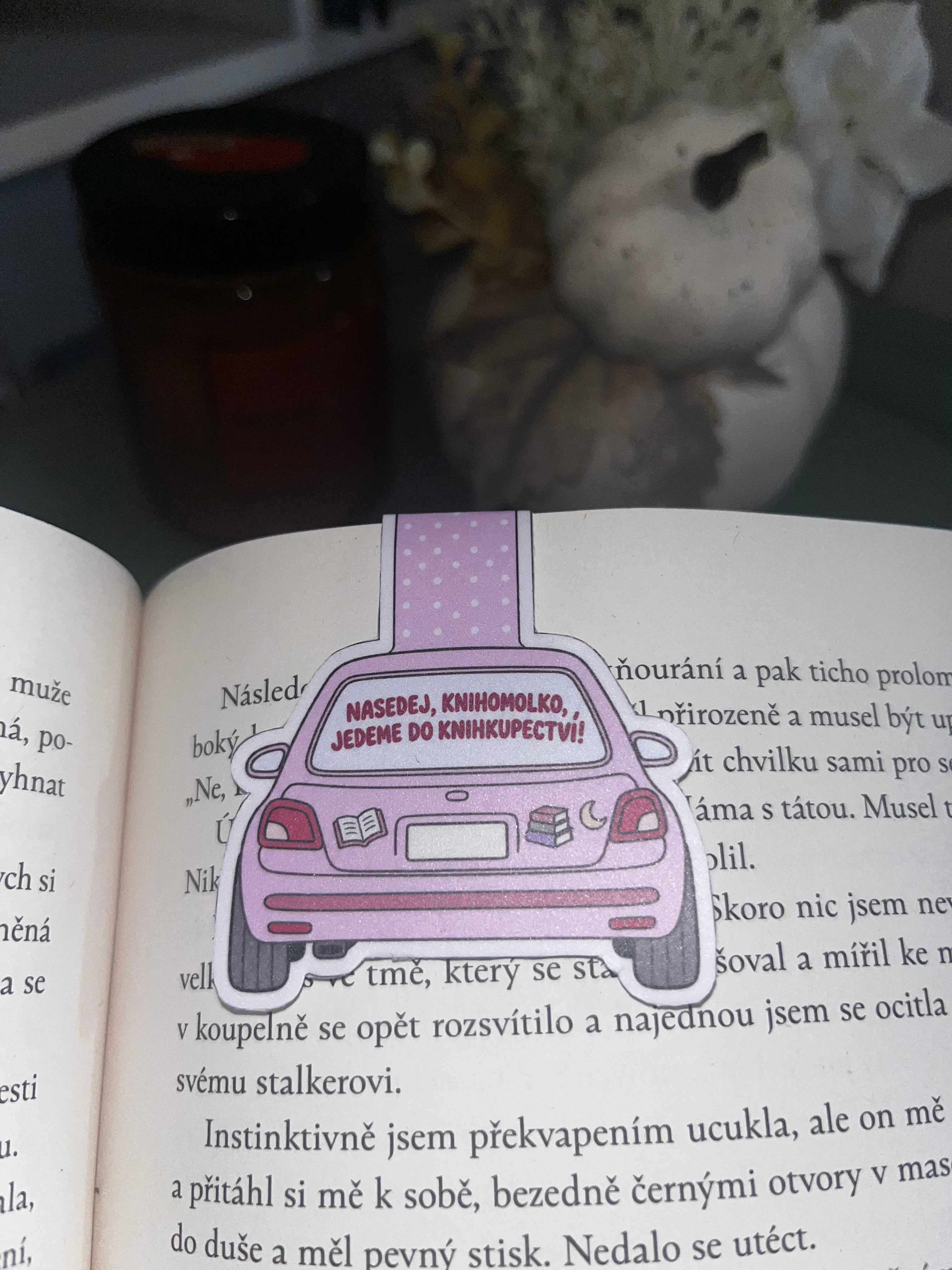 Magnetická záložka “ Nasedej,knihomolko, jedeme do knihkupectví”